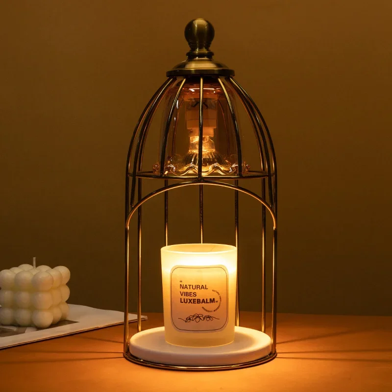 Creative Birdcage Iron Hollow Desk Lamp Warm Light Retro Lantern Candlestick Timed Bedside Night Light with Adjustable Brightnes