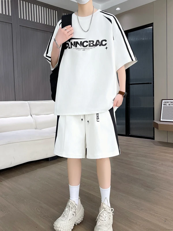 Conjunto de verão casual, folgado, com camiseta de manga curta e shorts para homens adolescentes, moderno, fino, em fibra de ...