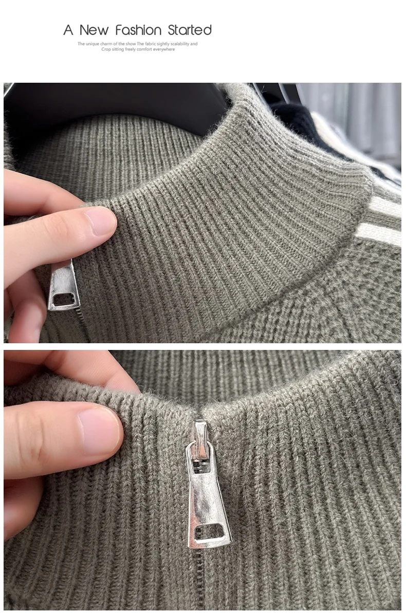 Modischer Herbst-Winter-Strick-Cardigan, Designer-Marke, Klassisches Gestreiftes Design, Herren-Reißverschluss-Stepphals, Neuer Koreanischer Lässiger Pullover-Mantel – Detail 22