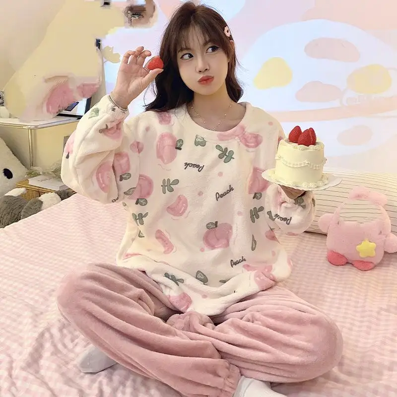 Women's warm long sleeved long pants pajama set girls autumn winter new style cardigan Chinese style home clothes two-piece set