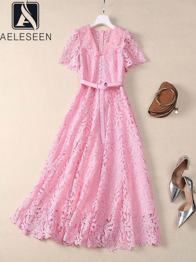 

AELESEEN Runway Fashion Pink Lace Dress Women Turn-down Collar Belt Diamonds Single-breasted Elegant Long Party Holiday