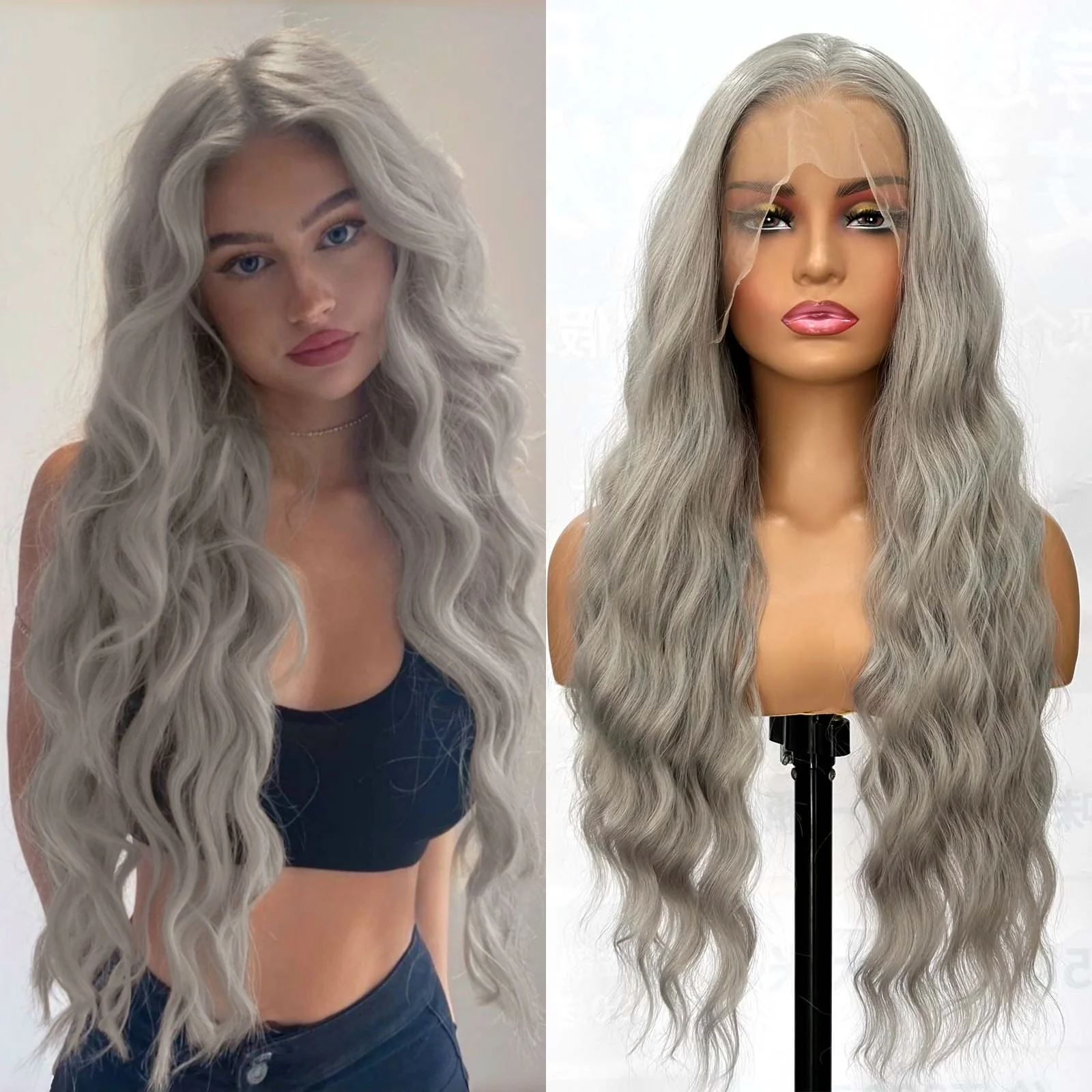 

Long Wavy Silver Grey Hair Synthetic Lace Front Wigs for Women Natural Loose Curly Gray Colored 13X4 Frontal Wig for Daily Party