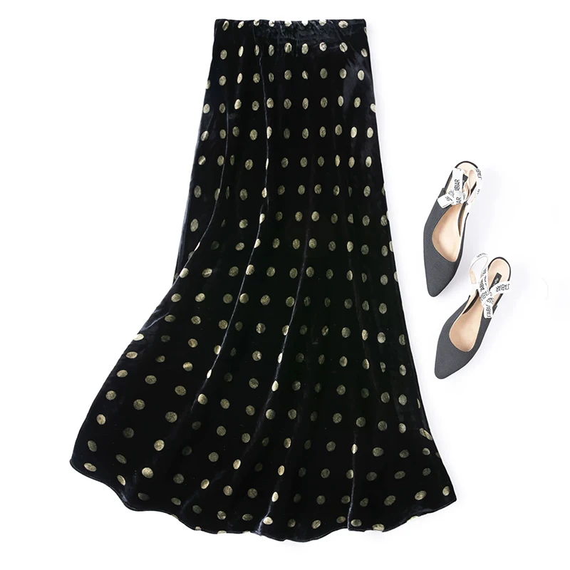 100% Mulberry Silk Lining Women Velvet Silk Midi Skirt Vintage Black Color Dots Printed Elastic Waist Chic Skirts Autumn M1787