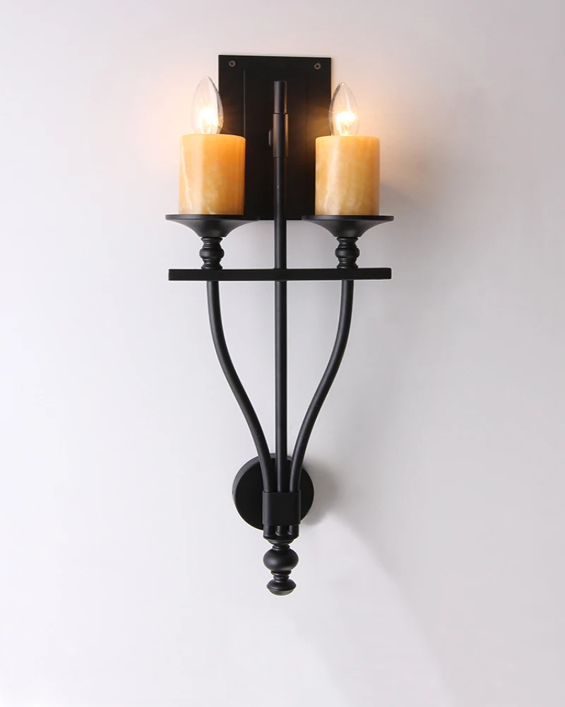 

American Wall Lamp, Living Room Background Wall Lamp, Double Headed Marble Candle, Iron Black Bedroom Bedside Wall Lamp
