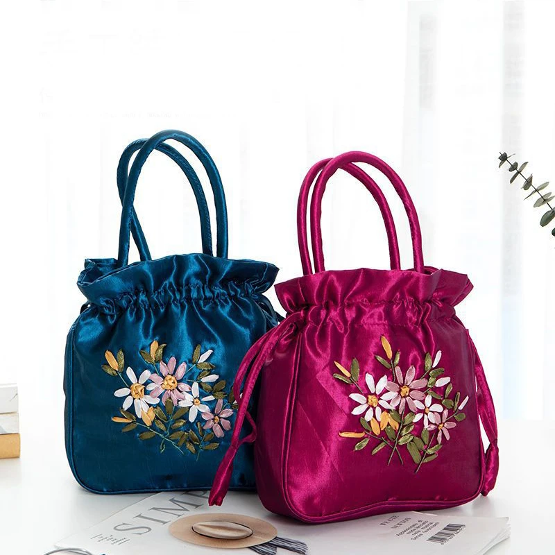 Women Bucket Bag Top Handle Ladies Handbag Phone Bag Summer Small Purse National Style Embroidered Flower Pattern Drawstring Bag
