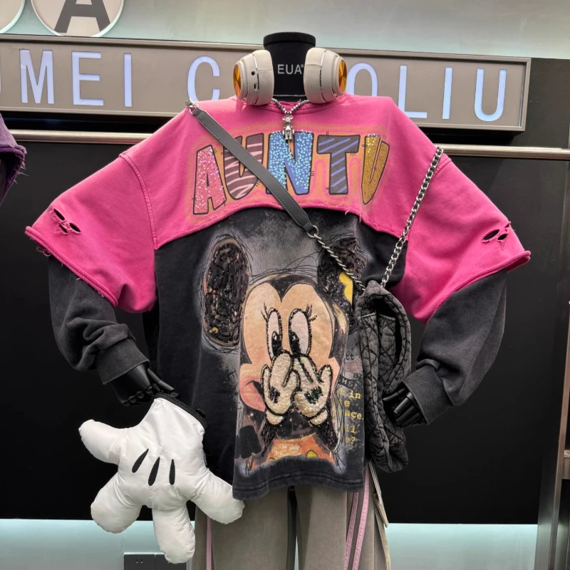 

Heavy Industry Color Block Cartoon Sweatshirt Women's Loose Casual Slimming Top 2025 Autumn New Long Sleeves Pullover Sudaderas
