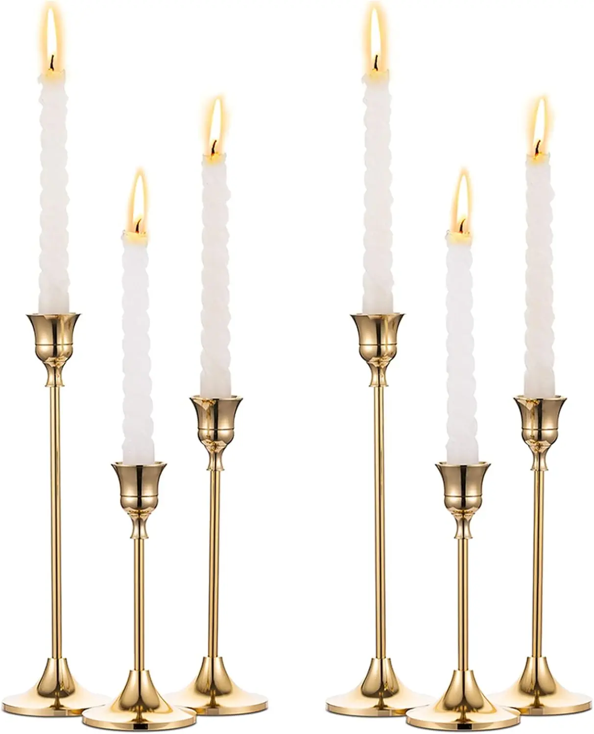 

6-Piece Brass Gold Taper Candle Holders Set, Vintage Modern Decorative Centerpiece for Table Wedding Gift