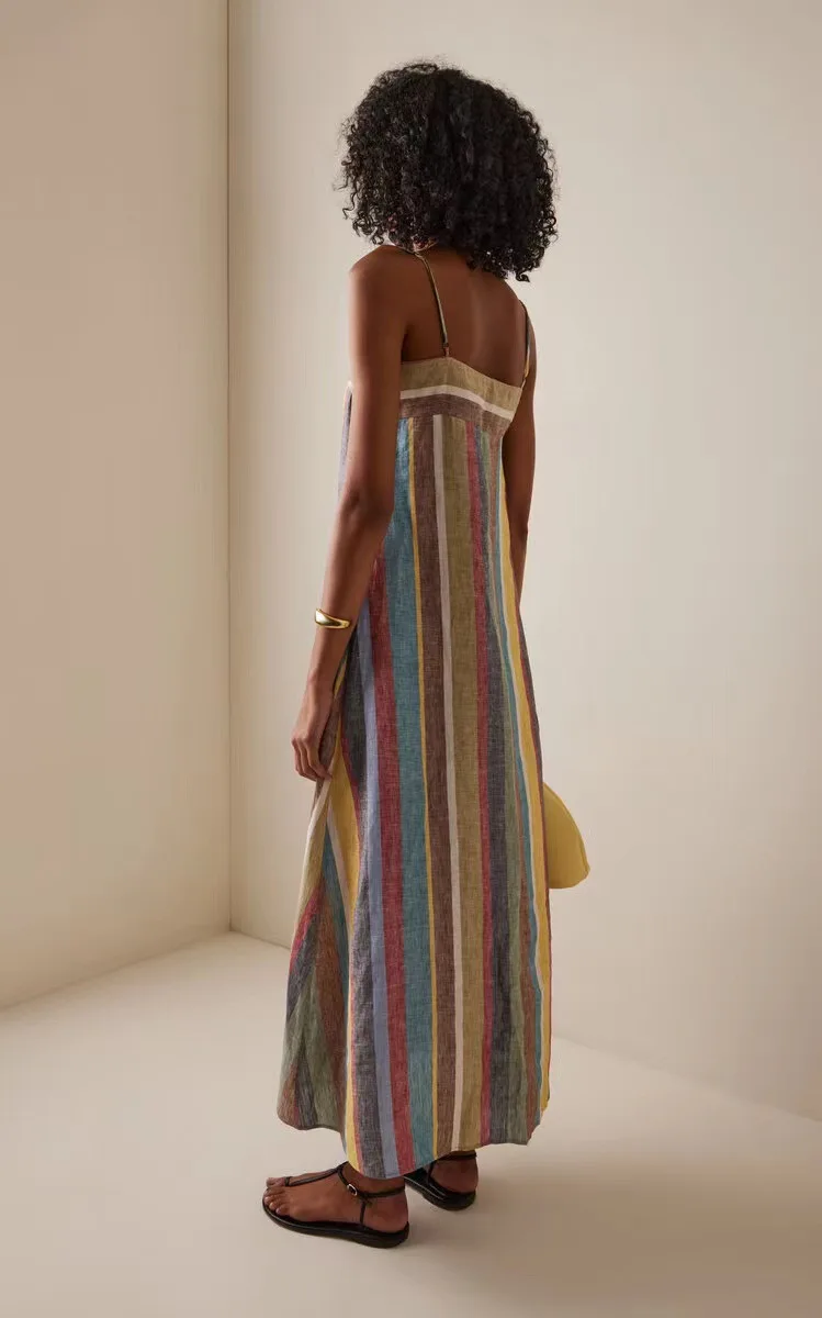 カジュアルストライププリントマキシドレス 2025 レディース セクシーストラップ バックレス ボヘミアンロングドレス エレガントサマースラッシュネックミディサンドレス