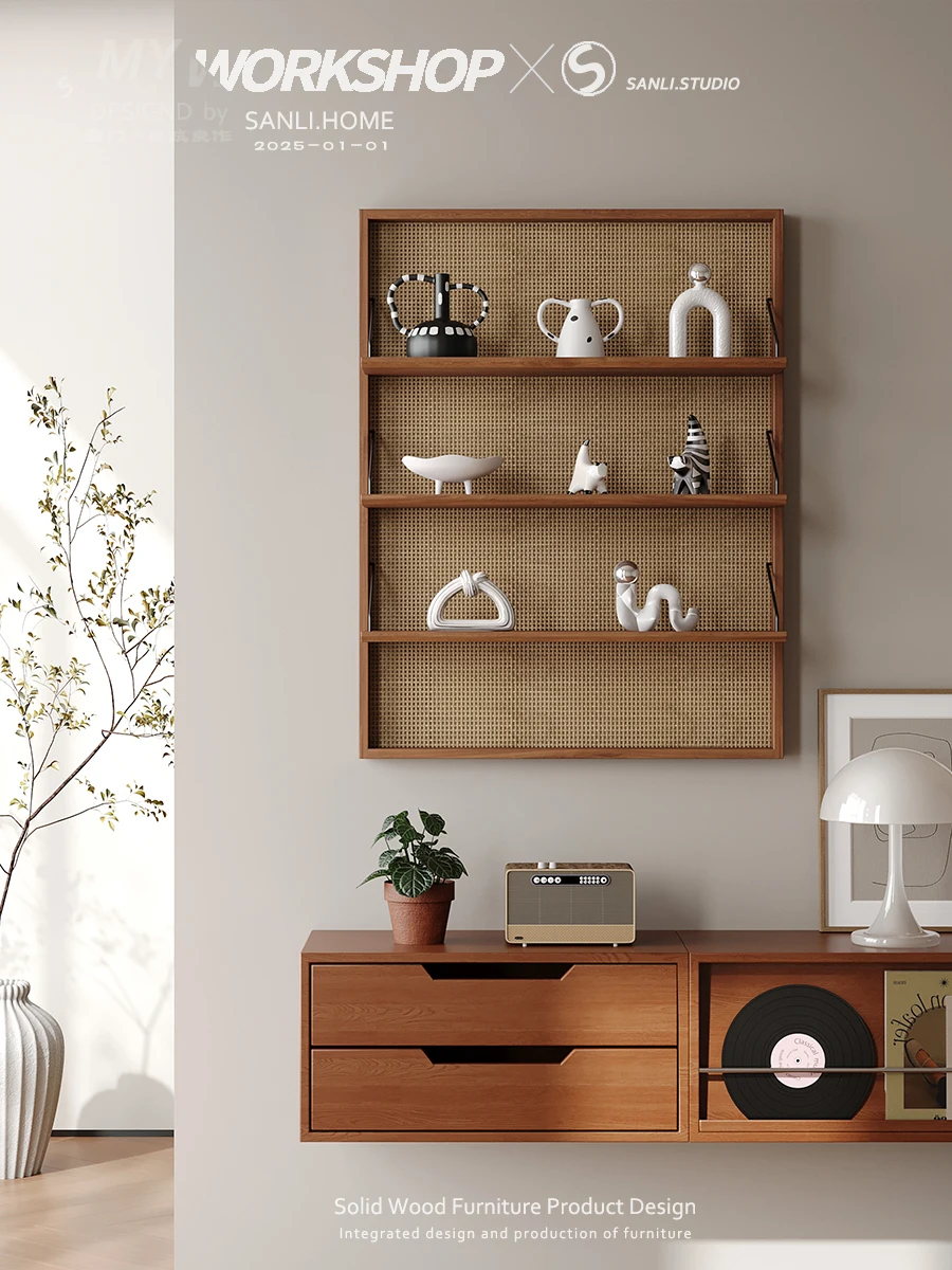 

Настенная стойка из цельного дерева, настенная стойка для хранения из ротанга в гостиной, регулируемая настенная витрина