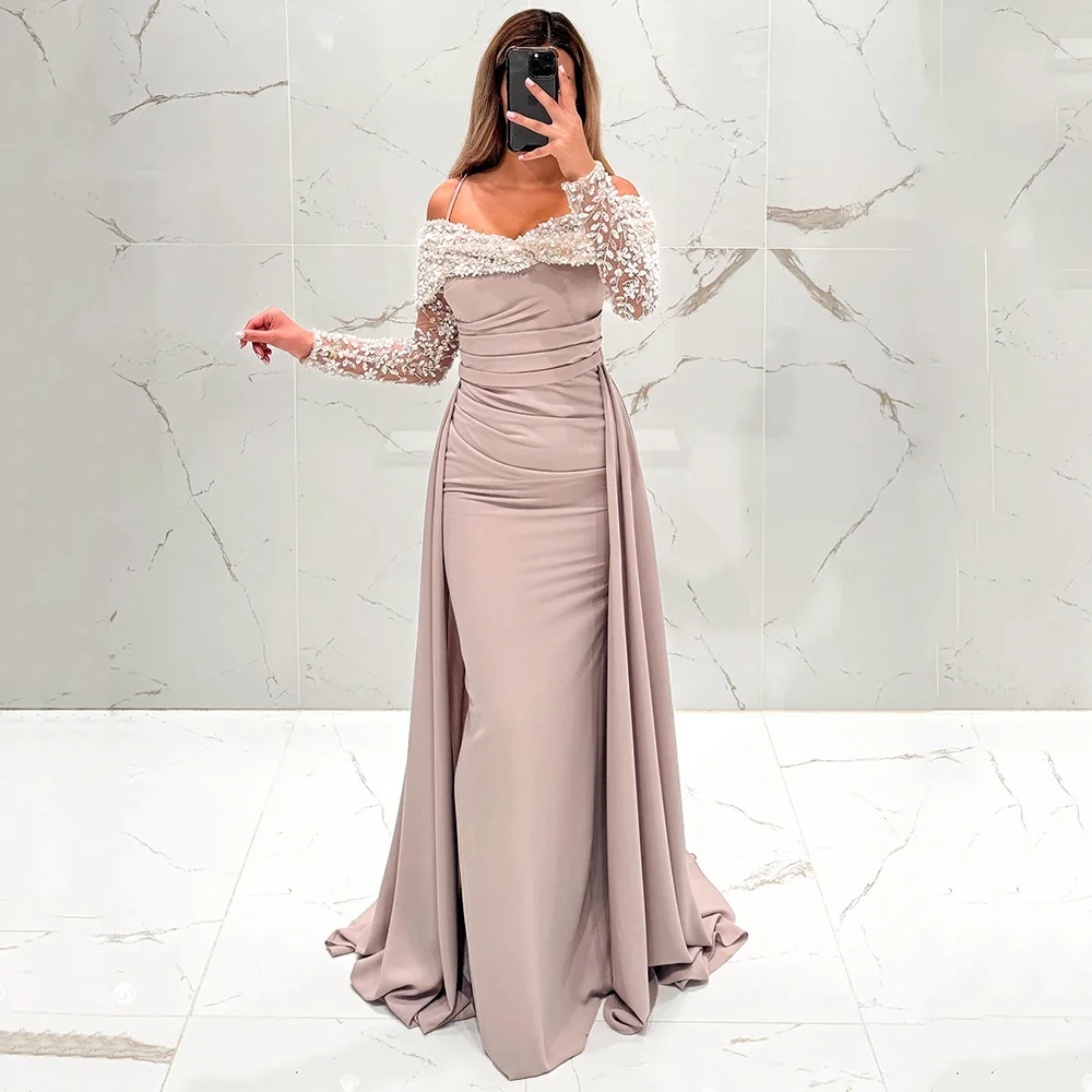 

Customized Saudi Arabia Formal Evening Dress Off the Shoulder Sweetheart Straight Long Sleeves Special Occasion Party Prom Gowns