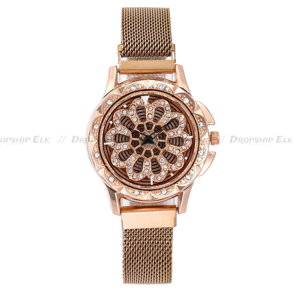 

Women Watch Mesh Magnet 360 Degree Rotating Dial Ladies Watch Luxury Fashion Diamond Quartz Watch for Women Clock Relogio Femino