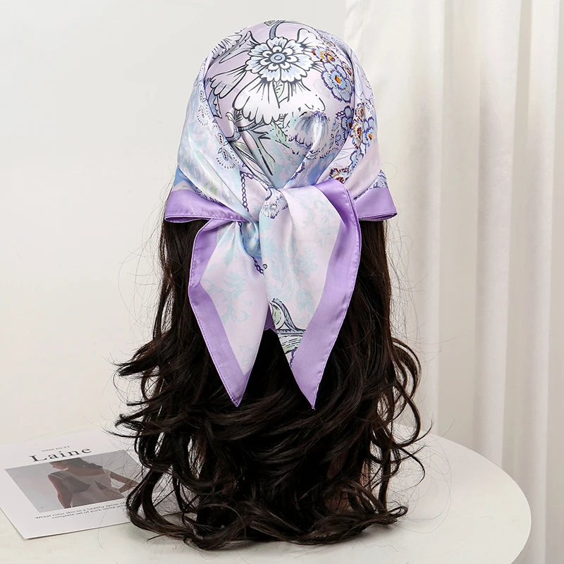 Bufanda cuadrada de seda con estampado a cuadros para mujer, pelo de banda para el Hijab de 70cm, pañuelo para el cuello, chal de satén, cinta para