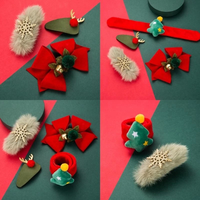 

4Pcs Kids Christmas Hair Clips with Slap Bracelet Wristband Cartoon Antler Snowflake Hairpins Party Decoration 15UB