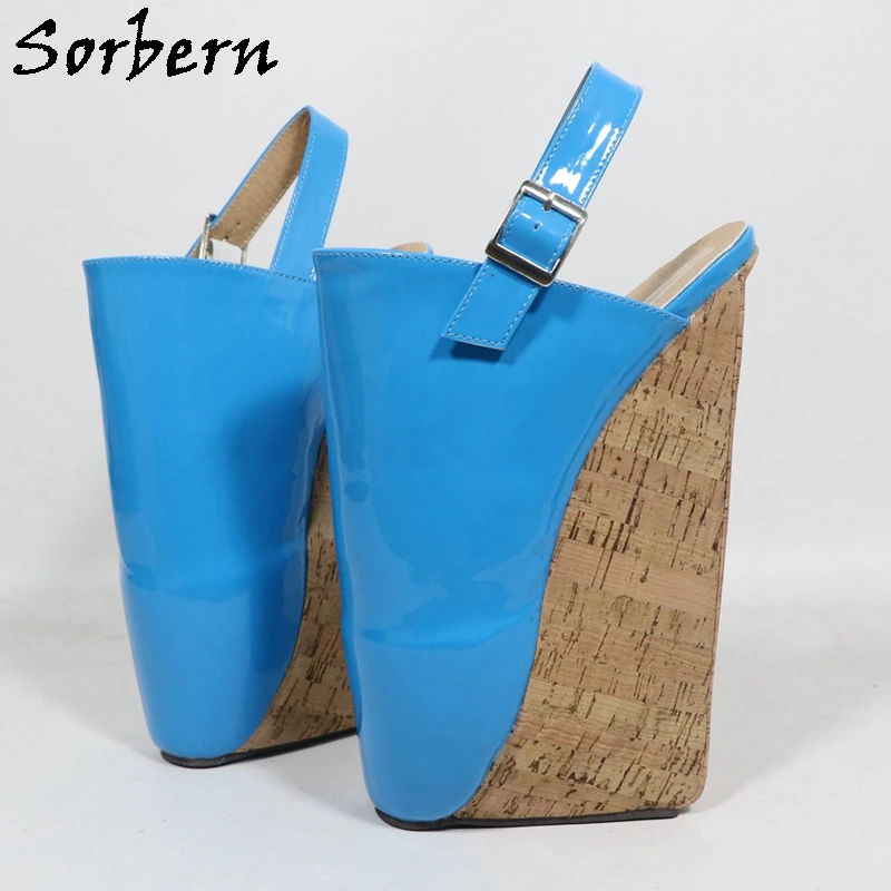 Sorbern Fetish Shoes Blue Slingback Cork Ballet Wedges Closed Toe Custom Colors Tiptoe Sm High Heels