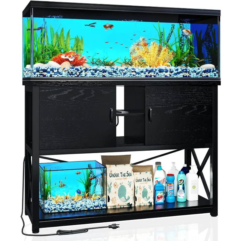 

55-75 Gallon Aquarium Stand with Charging Station and Cable Holes, Metal Fish Tank Stand with Storage Cabinet