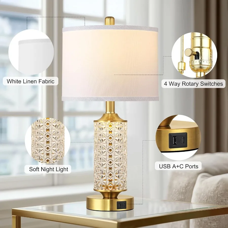 مجموعة من 2 مصابيح طاولة مع منافذ USB A + C مصباح بجانب السرير حديث مع ضوء ليلي LED مصباح بجانب السرير لمصابيح منضدة غرفة النوم