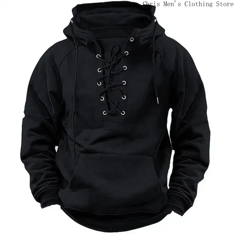 Men Streetwear Vintage Solid Color Hoodie 2024 Fall Trendy Mens Hooded Sweatshirts Lace-up Drawstring Long Sleeve Loose Hoodies