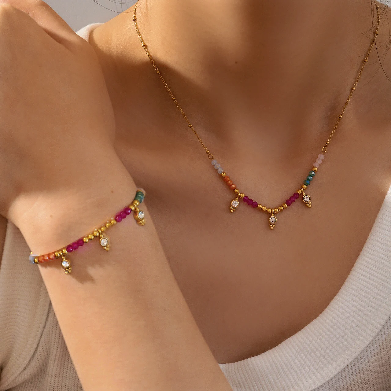 

Bohemia Colorful Natural Stone Beaded Necklaces Vintage Sun Eye Stainless Steel Women Necklaces Summer Jewelry