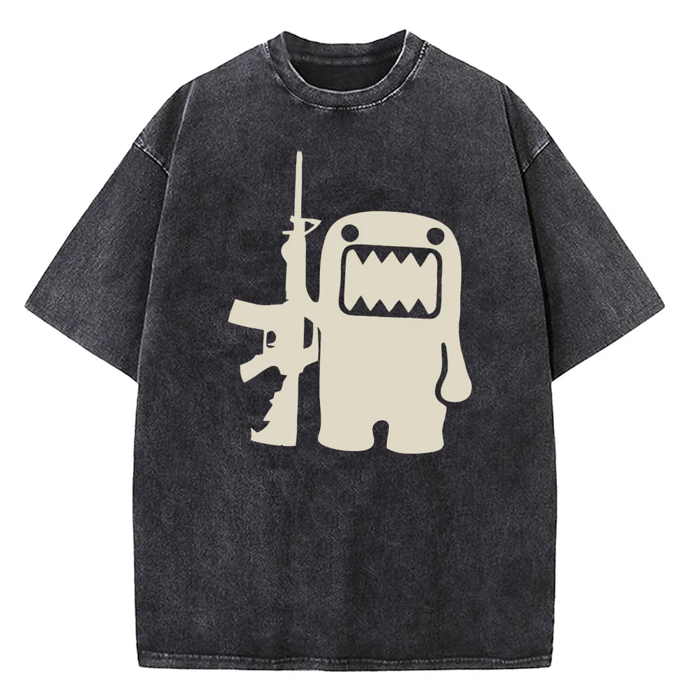 Street Retro Domo Vintage Washed Printed Pattern Y2K Hip Hop Fashion T-shirt Cotton Casual Short Sleeves