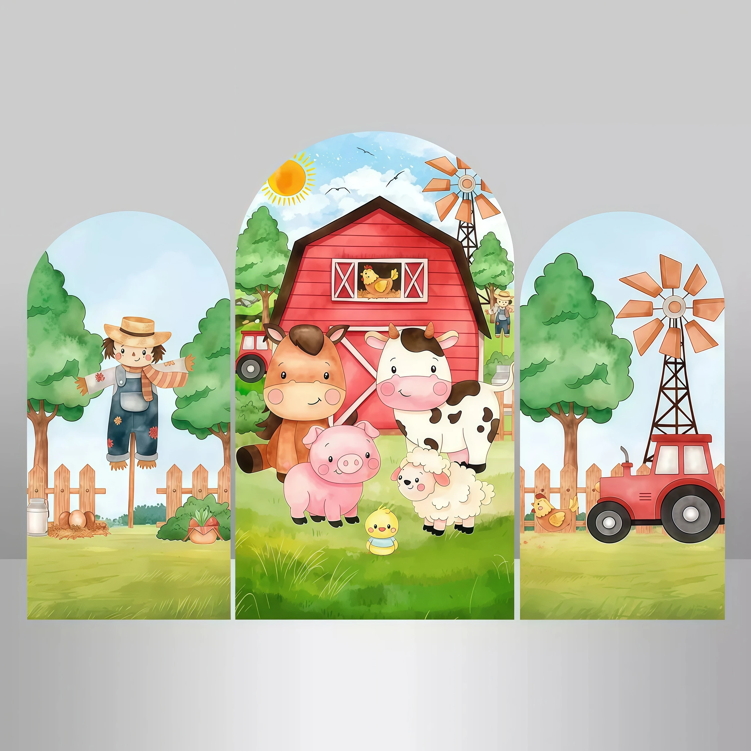 Farm Animals Arch Covers Stretchy Backdrop Cute Barn Scene with Tractor, Ideal for Birthday, Baby Shower Photo Backdrop