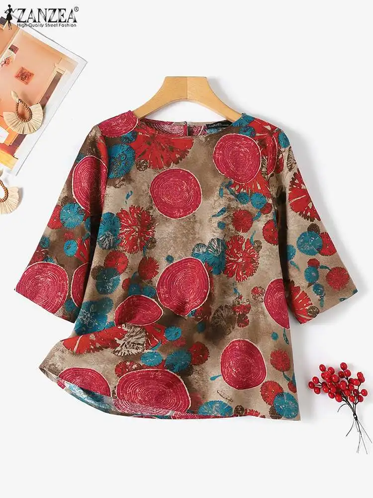 ZANZEA Summer Women Cotton Linen Blouses Elegant Floral Printing Blusa 2024 Retro Fashion 3/4 Sleeve Casual Tunic Round Neck Top