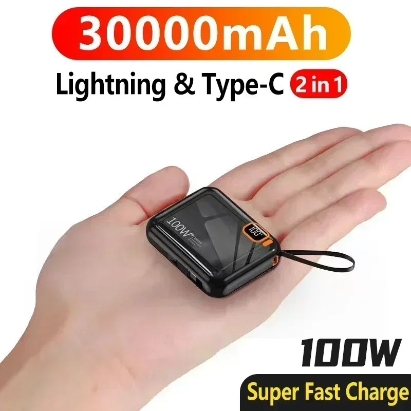 

2025NEW 30000mah Portable Power Bank PD100W USB Detachable To TYPE C Cable Two-way Fast Charger Mini Powerbank For IPhone Xiaomi