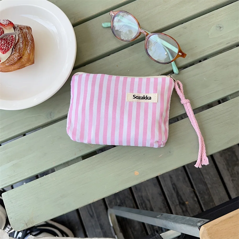 

Mini Cosmetic Make Up Bag Cute Striped Canvas Organizer for Women Lipstick Purse Coin Pouch Case