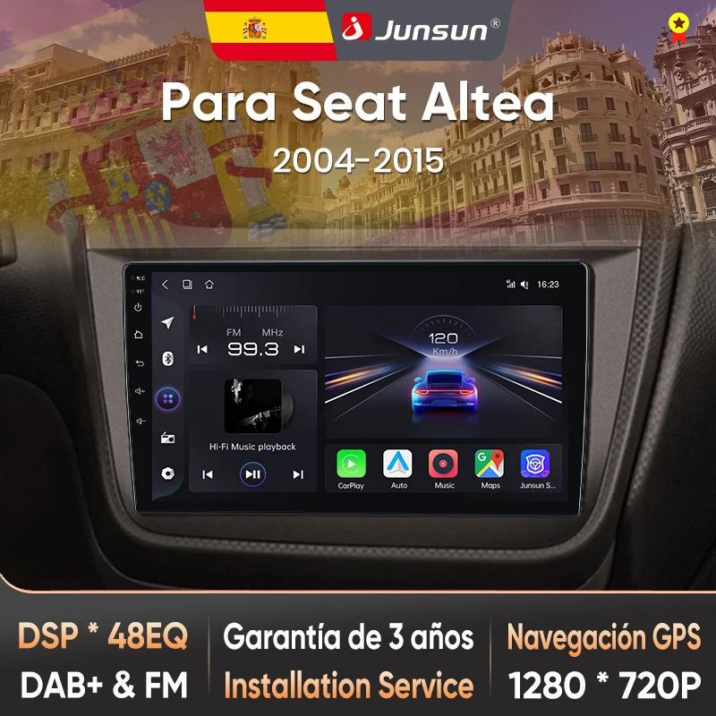 Autoradio Junsun pour Seat Altea 2004 2005-2015, CarPlay sans fil, Android Auto, systèmes intelligents, écran tactile IPS/QLED, caméra 360, DSP, navigation GPS, WiFi, DAB+ RDS, FM/RAM, BT, SWC, Plug and Play, 2DIN, WiFi, 4G, stéréo multimédia