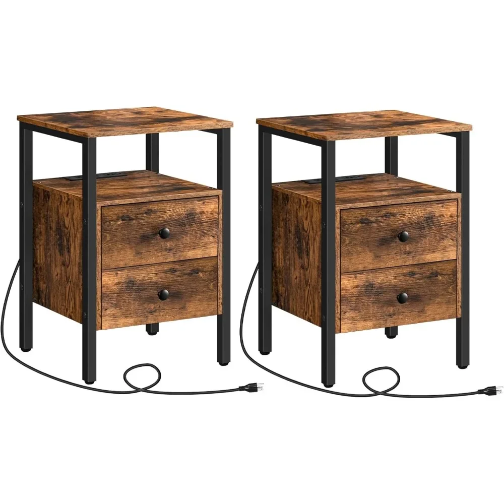 Bedside Table.End Tables Set of 2 with Charging Station and USB Ports, Nightstand with Drawers and Storage Shelf, Bedside Table