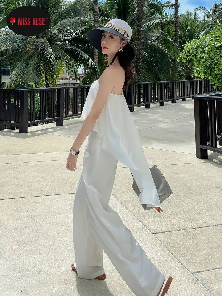 Chiffon Boho träger lose Overalls Frauen elegante Mode Stram pler Strand Urlaub Flitter wochen rücken freie Overalls plissierte Hose mit weitem Bein