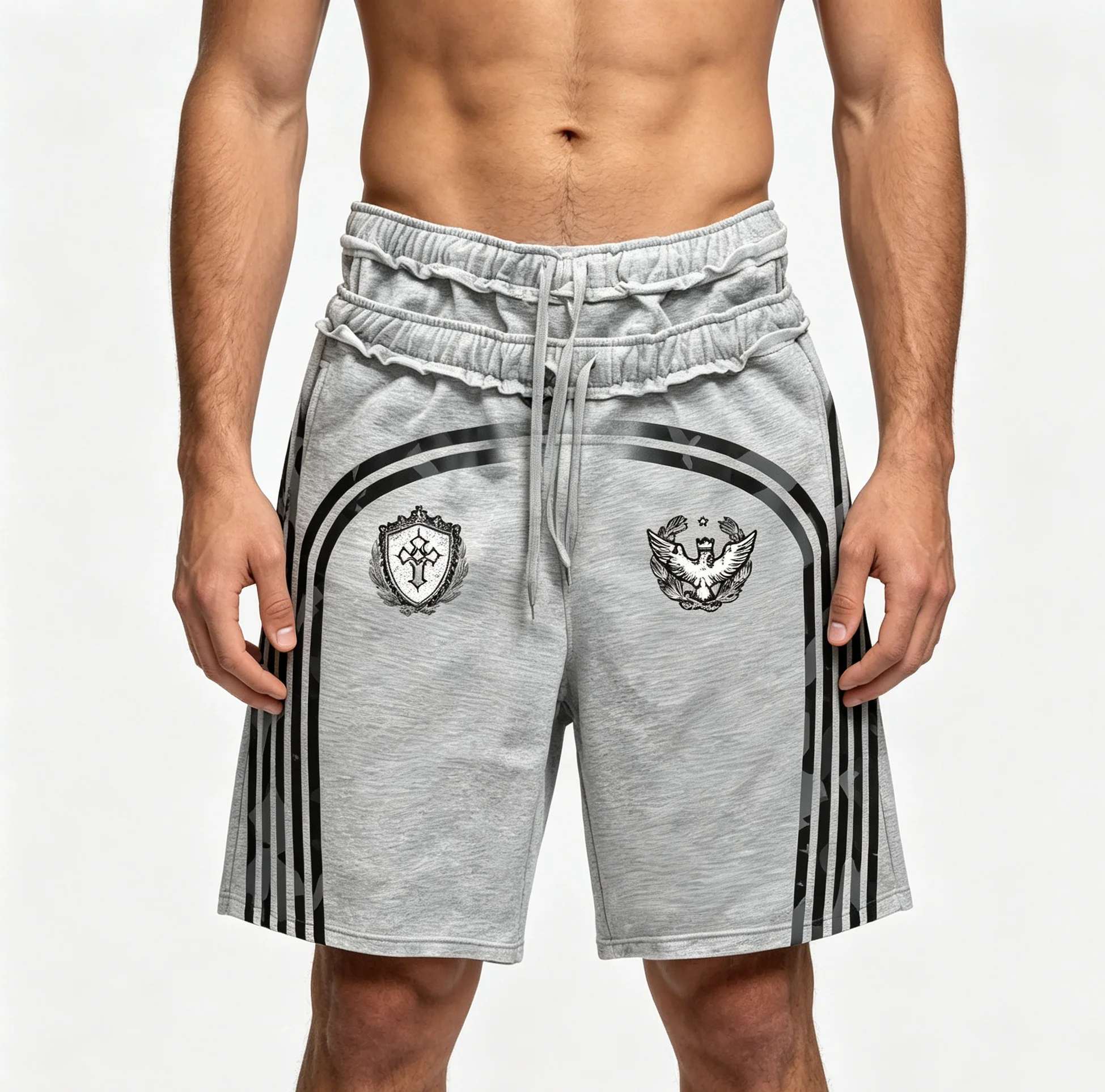 

European and American faux two-piece trend, loose-fit retro design, dark-themed print, niche casual men's and women's shorts