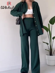 Women Knitted Cardigan 2 Piece Sets Fall Oversized Long Sleeve Sweater High Waisted Pants Sets Office Outwear Tracksuit Women