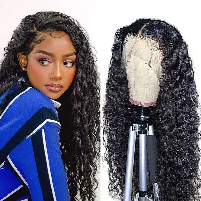 European and American wigs, black middle-parted long curly hair, front lace synthetic fiber cap, small curls, wholesale from man