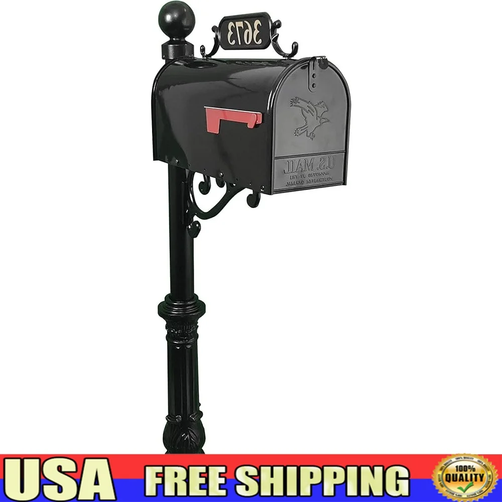 

Corinthia Black Aluminum Mailbox with Post Address Plaque Decorative Mailbox Customizable House Numbers Curb Appeal Durable