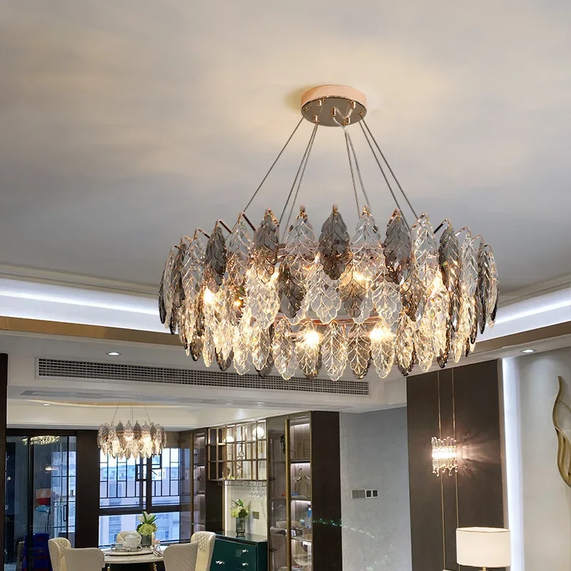 GHJUYIOL Simple and luxurious lobby chandelier, crystal leaf circular living room, dining room light, fish line hotel chandelier