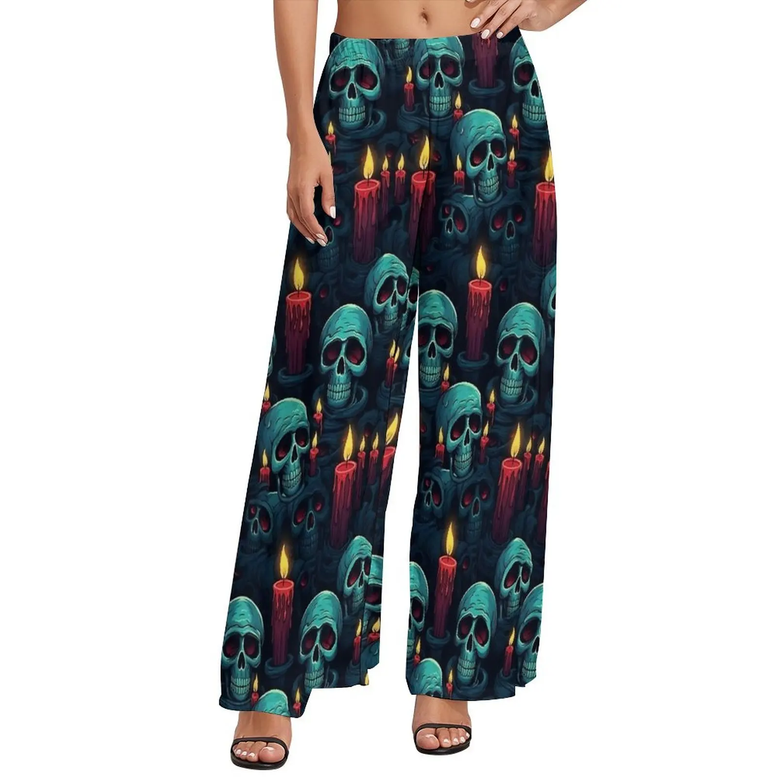 Halloween Skull And Candles Pants Elastic High Waist  Home Trousers Streetwear Custom Wide Pants