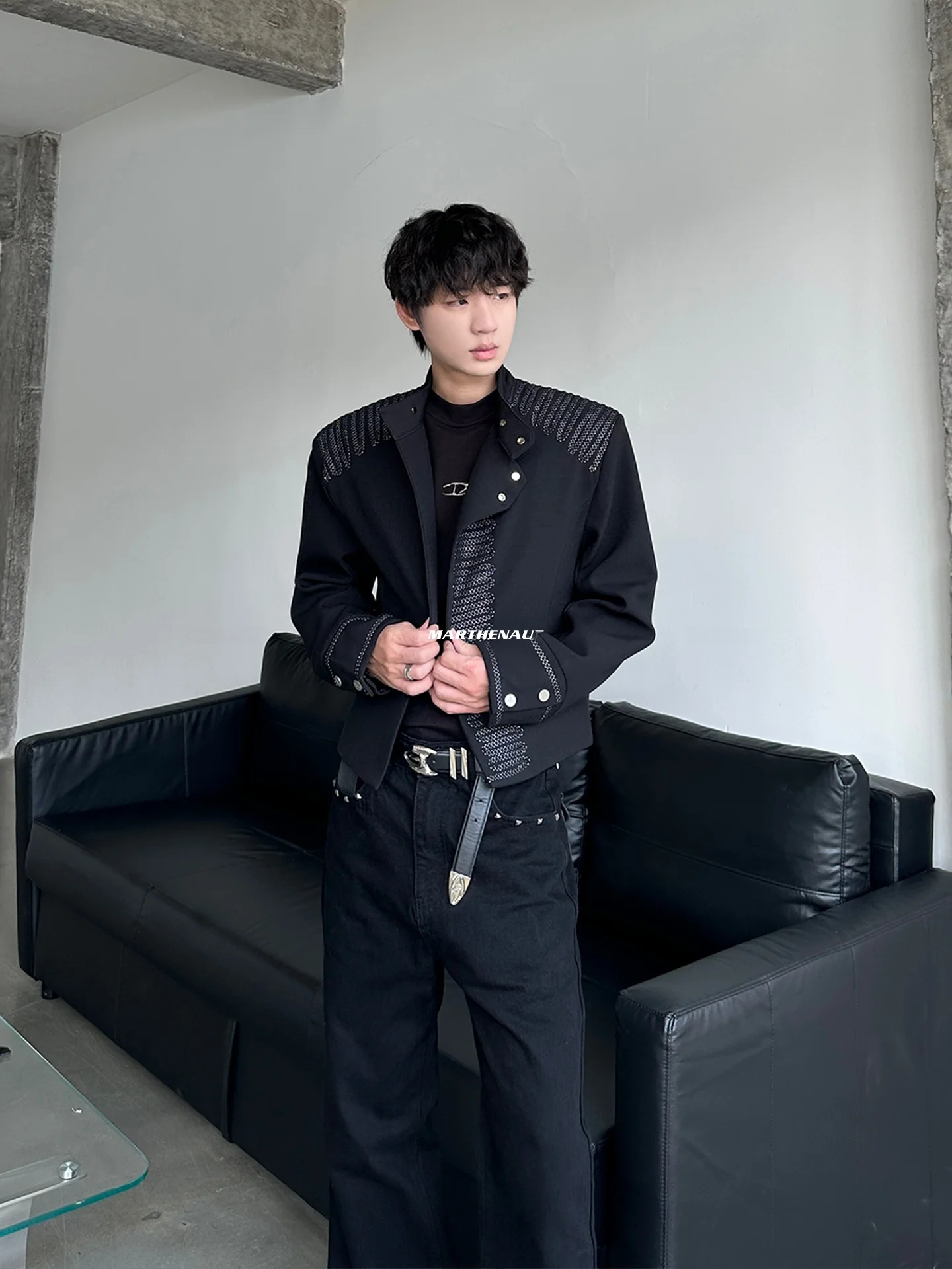 MARTHENAUT Men's Short Pure Color Stand Collar Jacket Autumn Season Casual Style Premium Feeling Side Button Design