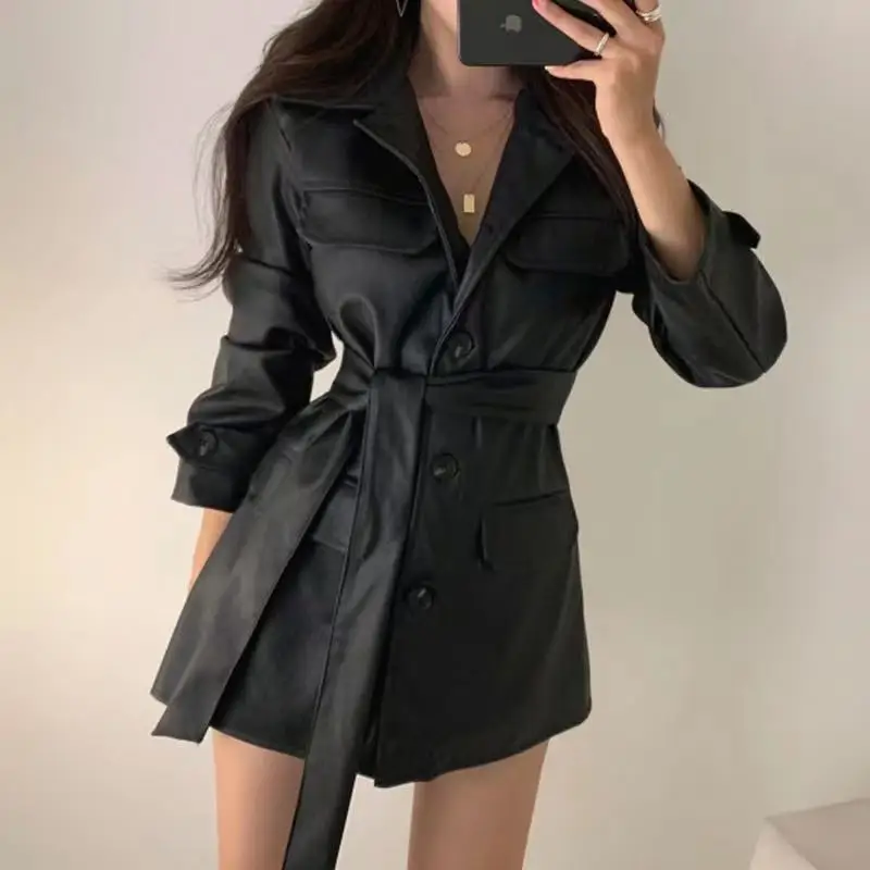Korean Style Women's Long Waist Belted PU Leather Jacket Stand Collar Utility Style Spring Autumn Season Outerwear Coat