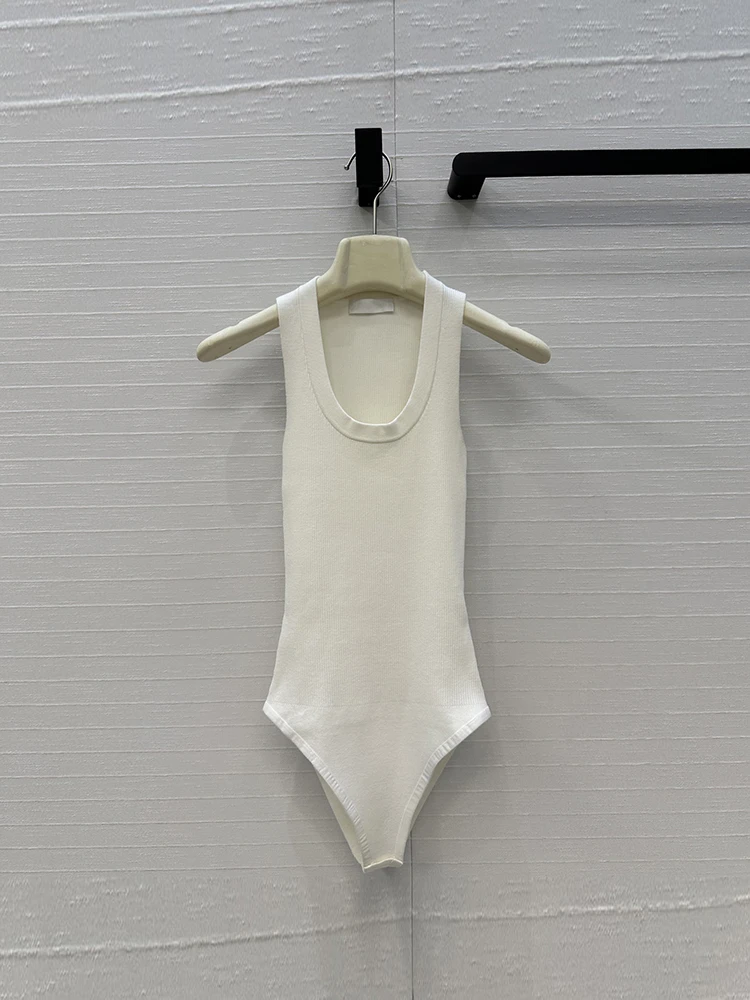 

Spenneooy Summer Fashion Indoor Ivory White Color Knitting Romper Women's Solid Color O-Neck Sleeveless Sexy Slim Romper