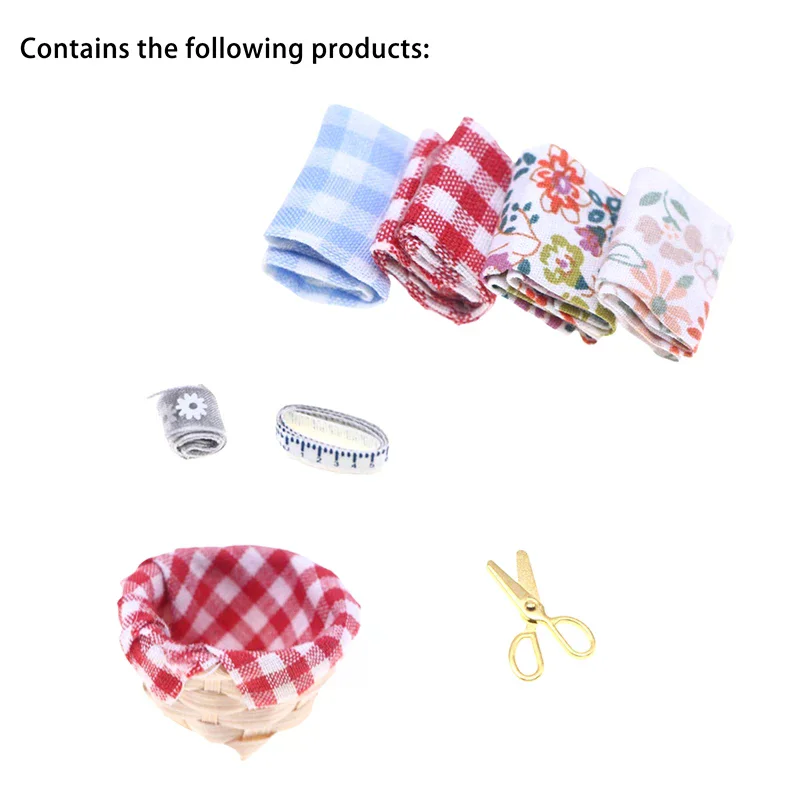 1Set 1:12 Dollhouse Miniature Sewing Fabric Basket Ruler Scissors Home Model Decor Toy Doll House Accessories