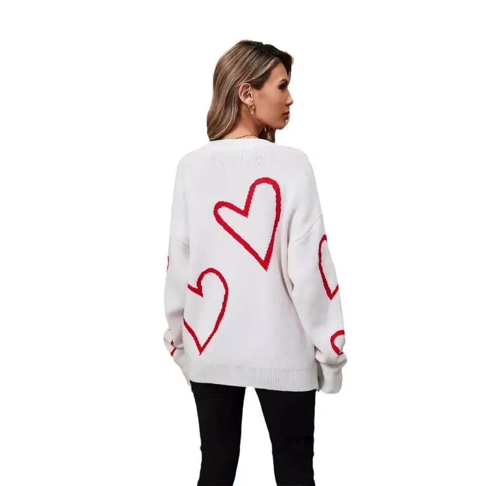 Round Neck Long Sleeve Love Pattern New Pullover Contrast Color Sweater Womens Spring Autumn Versatile Pullover Knitted Sweater 5