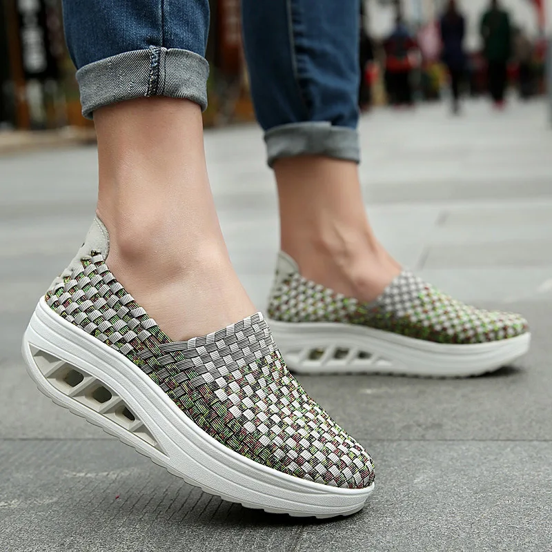 2023 Summer Women Sneakers Fashion Woven Breathable Platform Wedges Shoes Slip on Lightweight Thick Bottom Female Casual Shoes