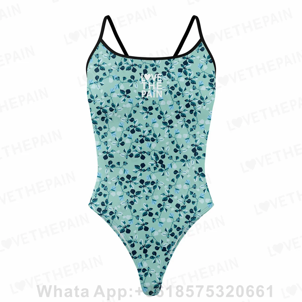 Love The Pain Floral One Piece Swimsuit Thin straps versatile V-back Women's Swimwear Bikini sexy quick dry competitive swimsuit