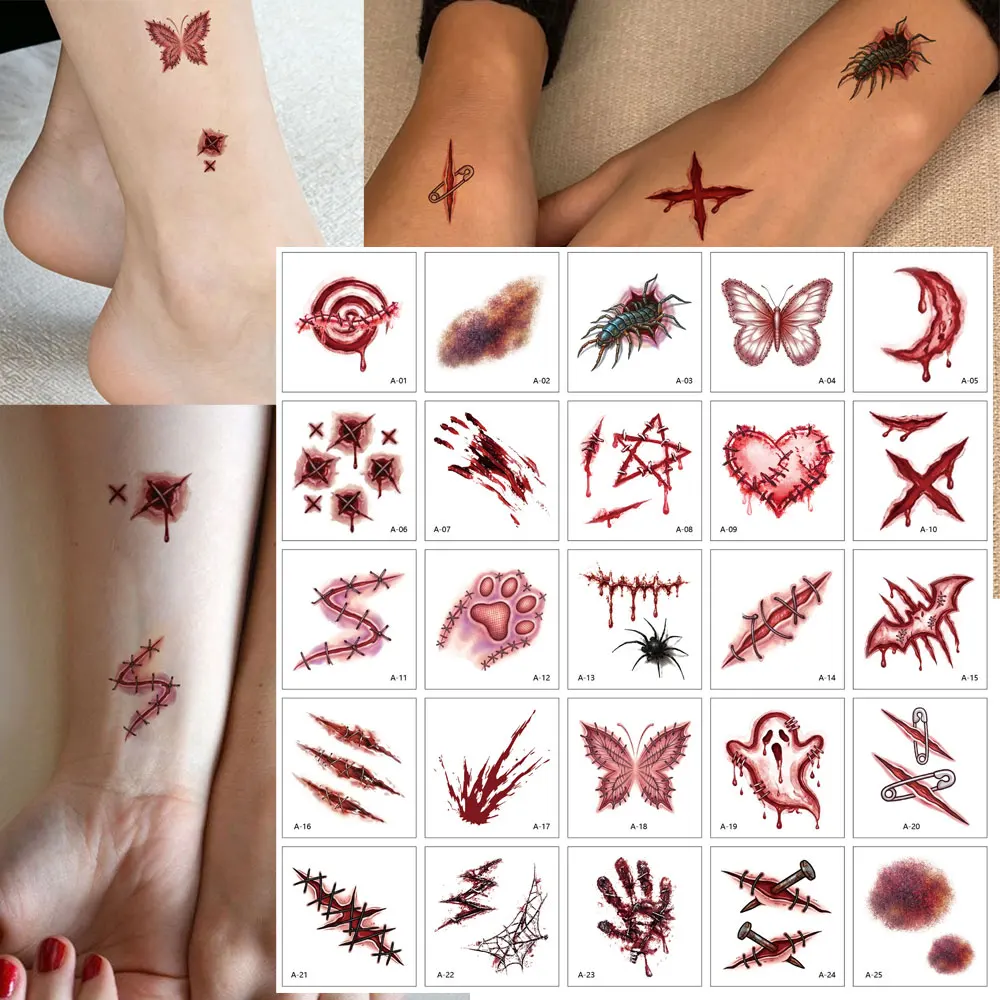 25pcs Scar Fake Tattoo for Halloween Small Pattern Waterproof Bloody Wound Stitches Scar Temporary Tattoos for Face Body Decor