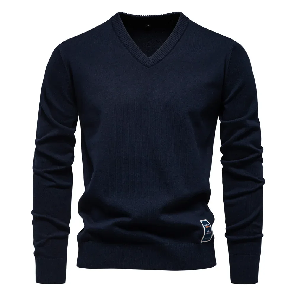 New Autumn And Winter All Cotton Solid Color Sweater V Neck Trendy Men's Long Sleeve Casual Social Knitted Men's Knitted Sweater