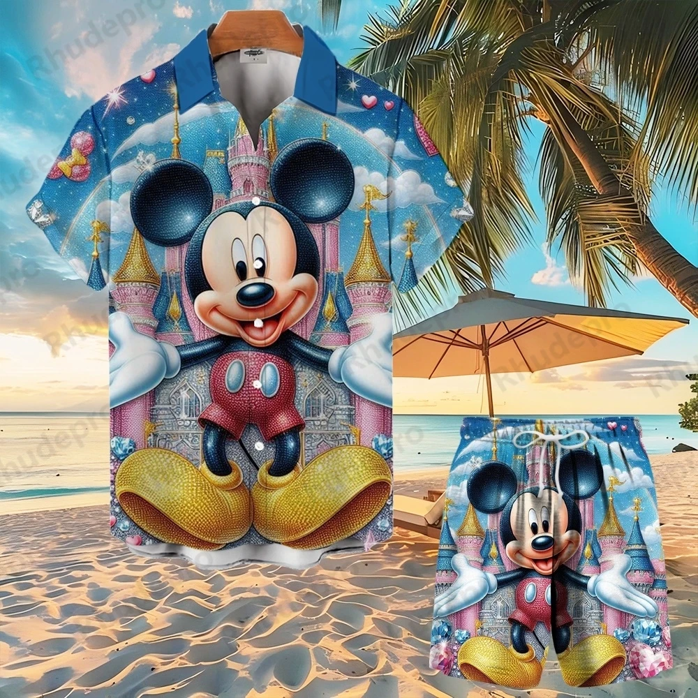 

Disney 2025 Mickey Mouse cartoon 3d Printed Hawaiian Shirt Suit Men's Women's Fashion Button Boys Short Sleeve Shorts Set