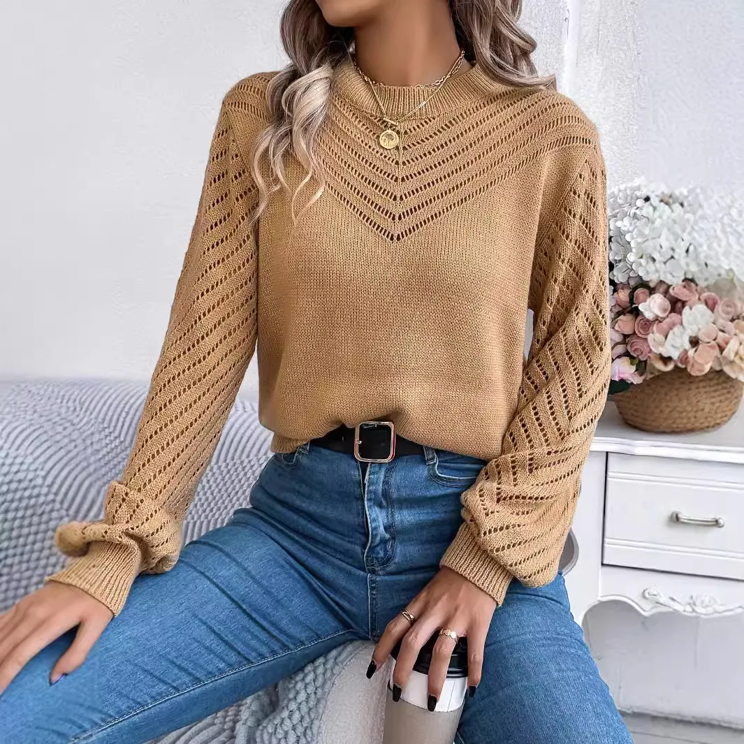 

Women Autumn Wimer Solid Pullover OL Sweaters Round Neck Hollowed Out Lantern Sleeve Caual White For Knitted Fall Women Clothes