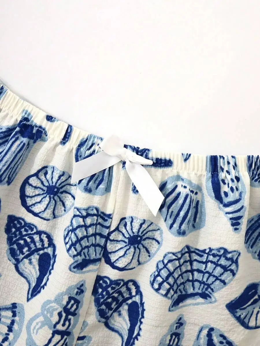 Womens Blue Shell Print Short Sleeve Button-Up Pajama Set With Bowknot Shorts