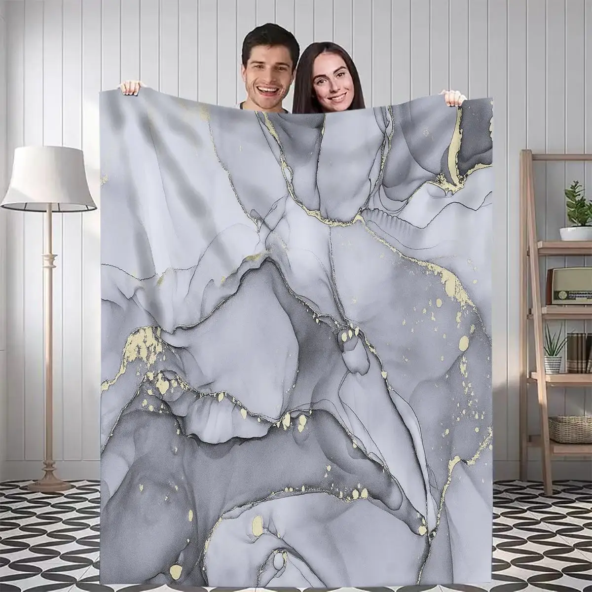 1pc Modern grey and gold marble pattern blanket, polyester fabric, machine washable, suitable for bedroom and living room.