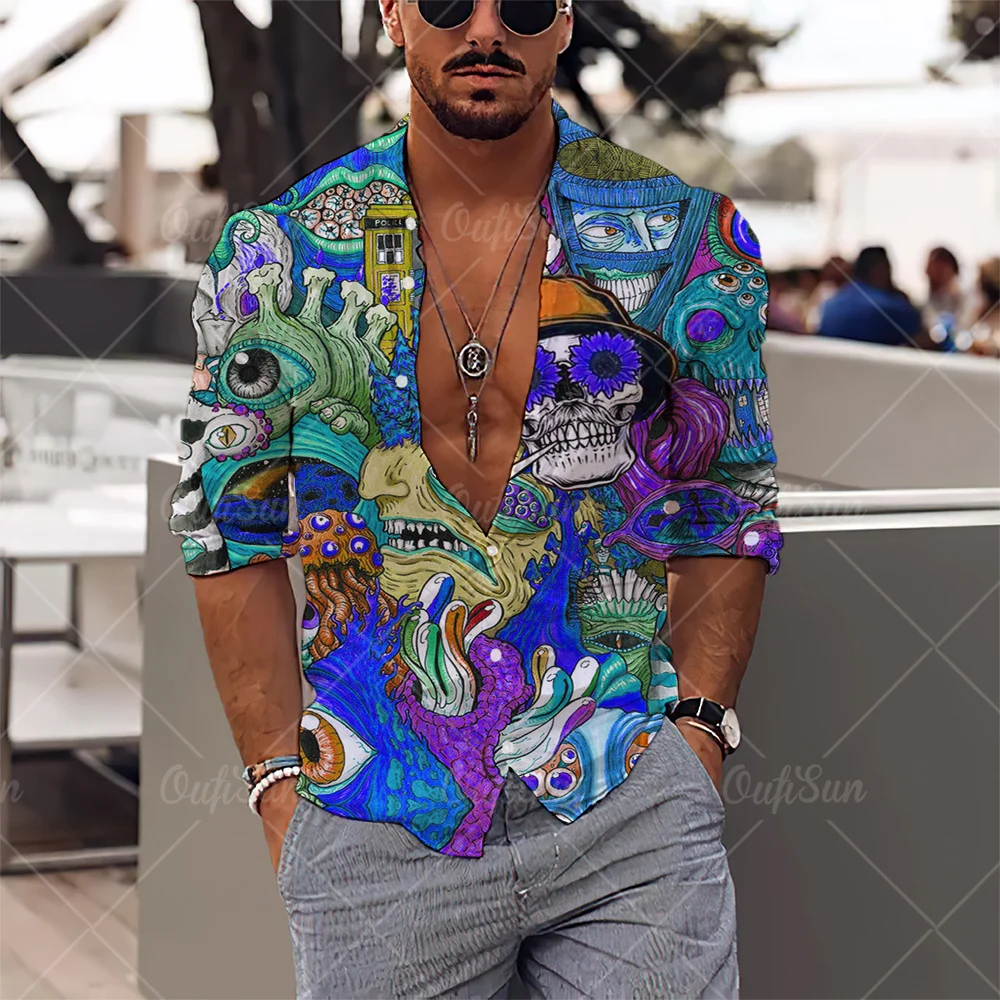 2024 Terror Skull Long Sleeve Floral Shirts Men 3d Print Male Autumn Spring Casual Fashion Streetwear Hip Pop Lapel Top Clothes